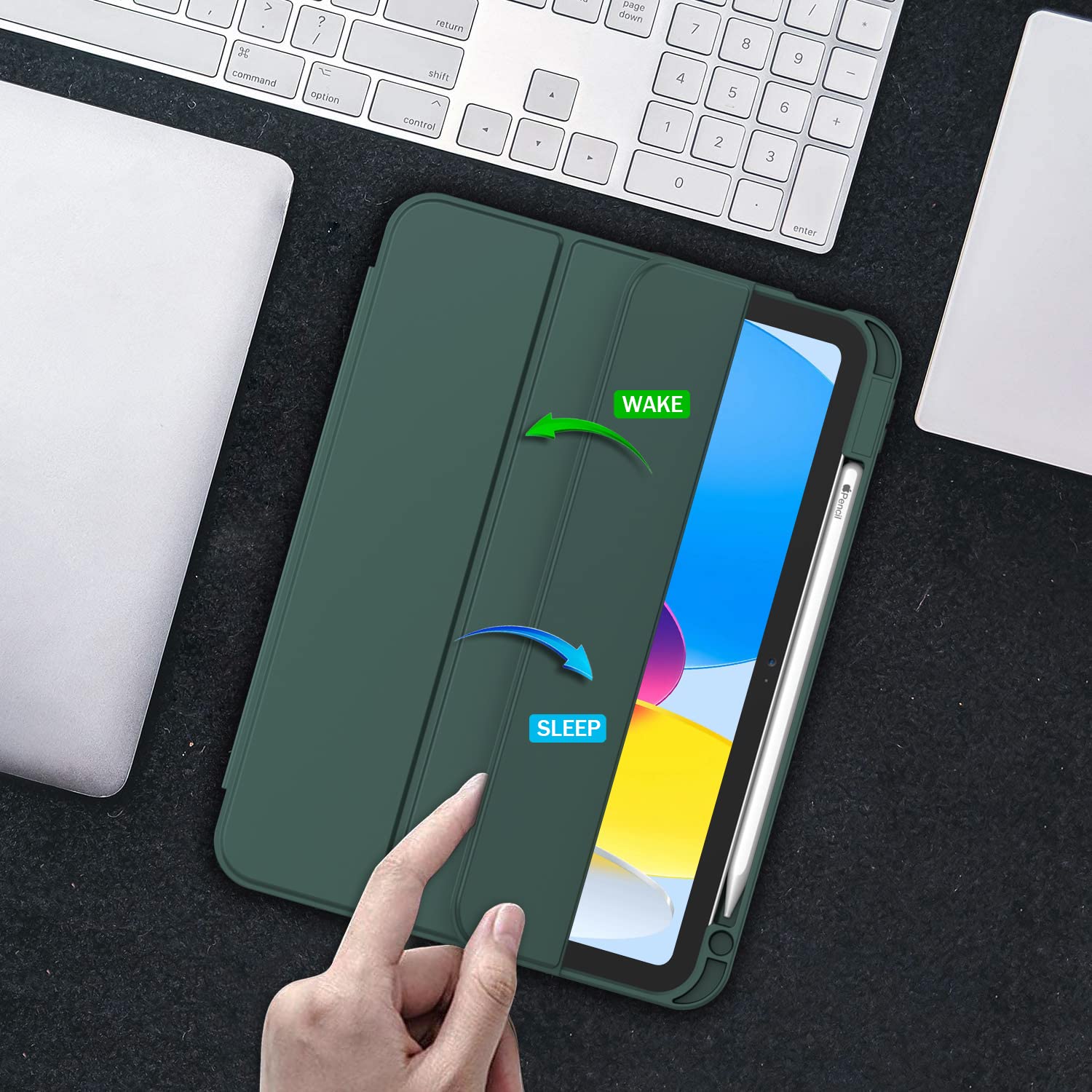 iPad 10th Case 10.9 Inch 2022 with Pencil Holder, Smart iPad Clear Case with Soft TPU Auto Wake Sleep Dark V324-IP109-TPUCLE-DGREEN