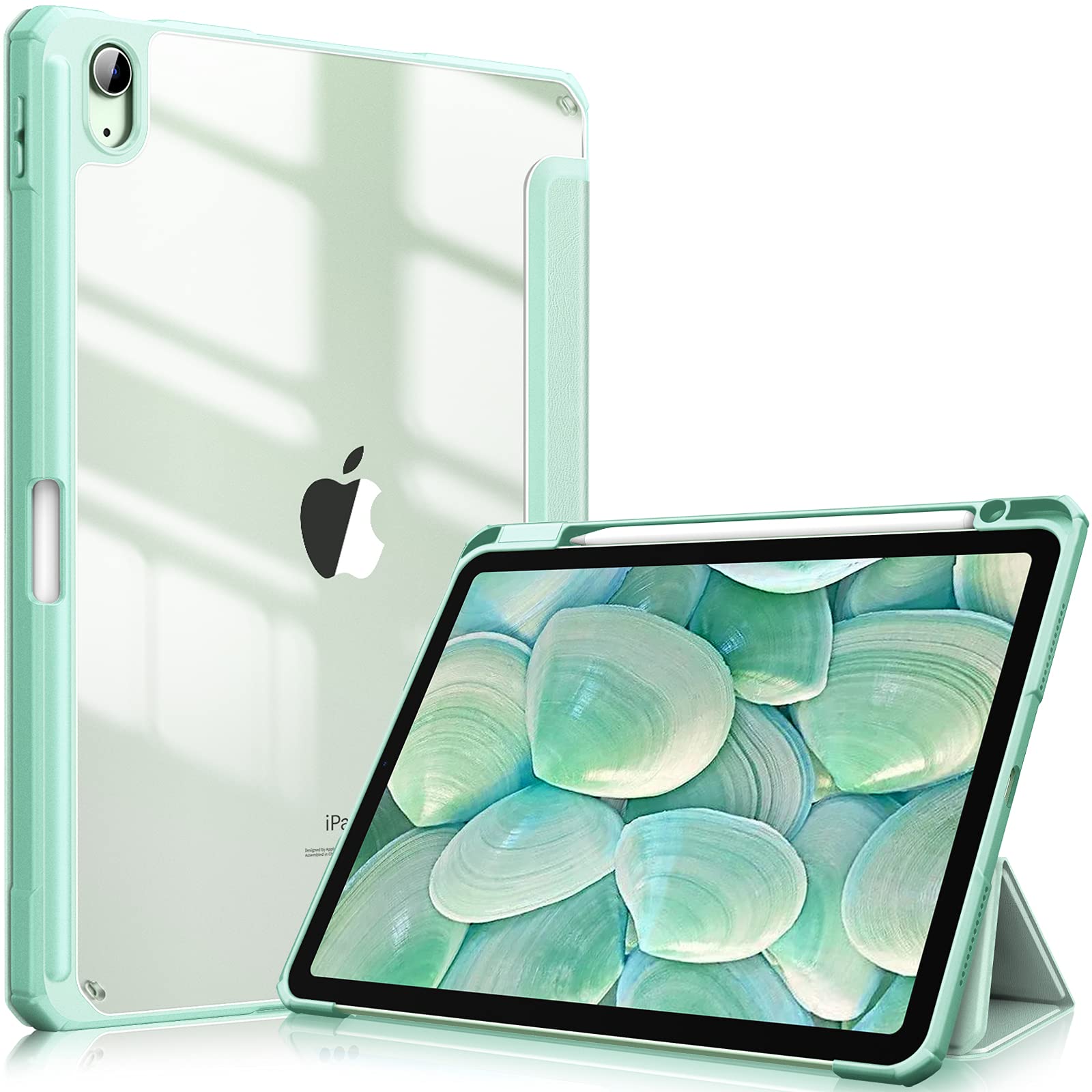 iPad 10th Case 10.9 Inch 2022 with Pencil Holder, Smart iPad Clear Case with Soft TPU Auto Wake Sleep Green V324-IP109-TPUCLE-MOCHA