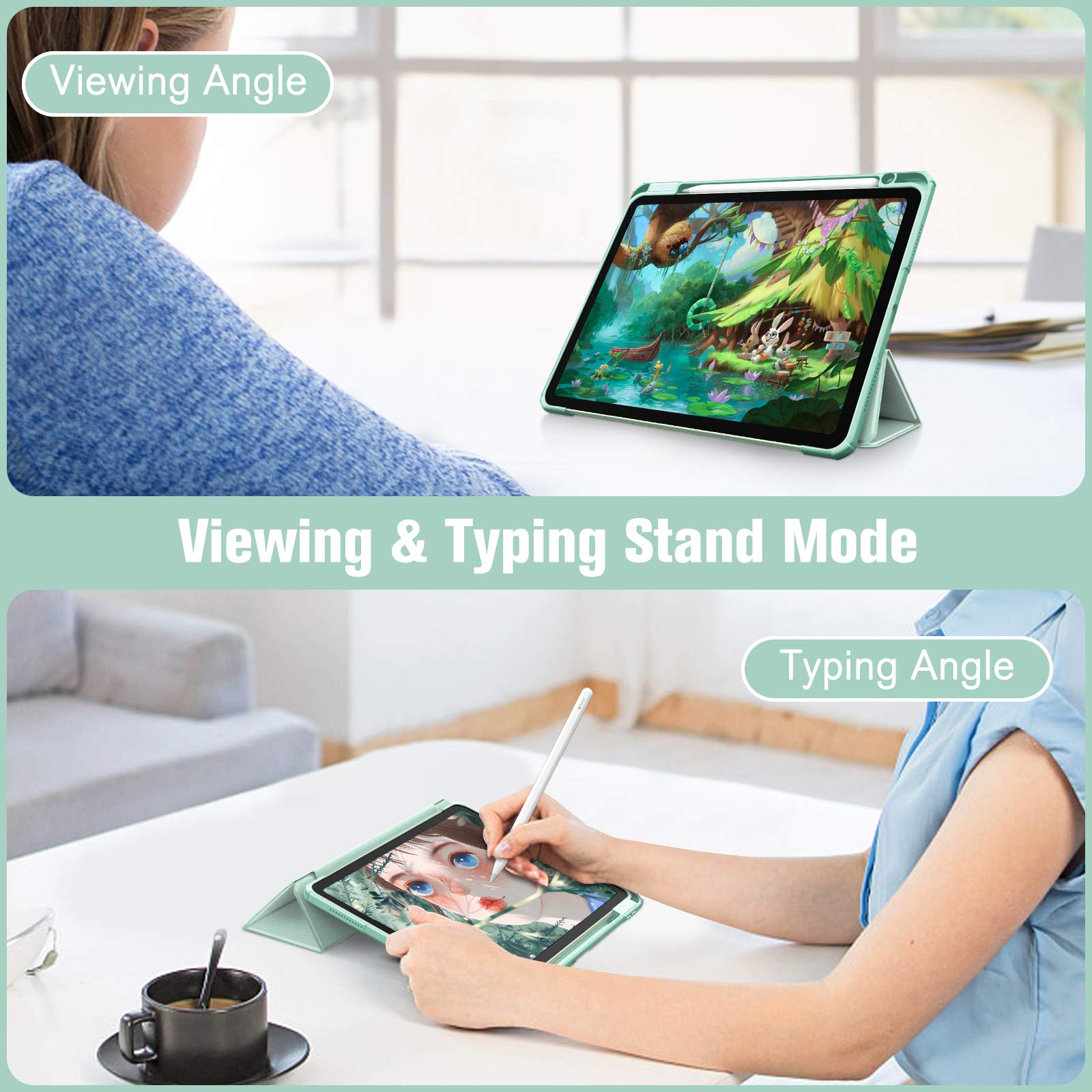 iPad 10th Case 10.9 Inch 2022 with Pencil Holder, Smart iPad Clear Case with Soft TPU Auto Wake Sleep Green V324-IP109-TPUCLE-MOCHA