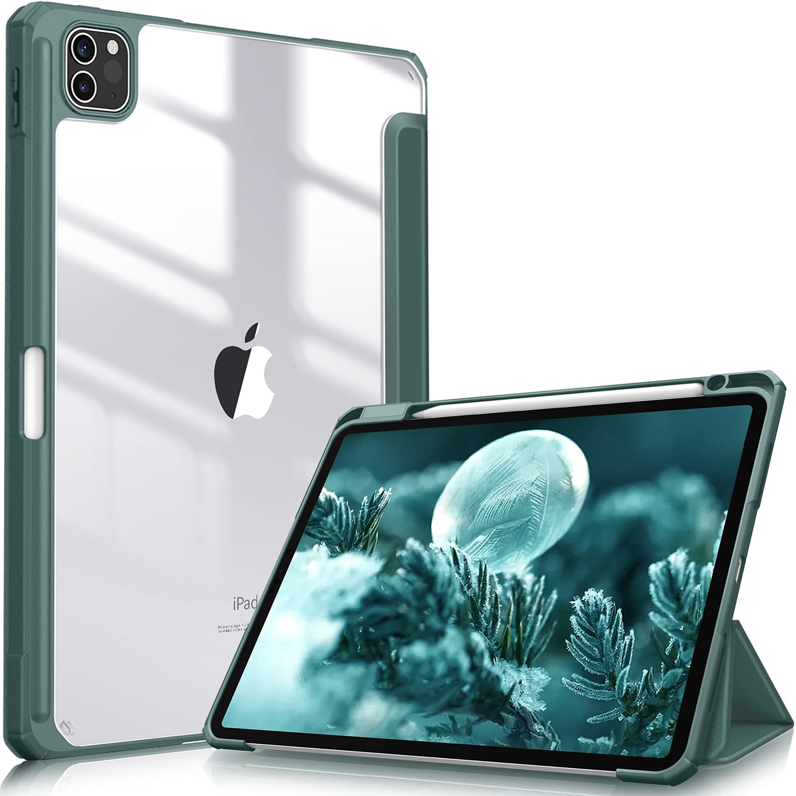 iPad Pro 11 Inch 2020-2022 Soft Tpu Smart Premium Case Auto Sleep Wake Stand Clear Cover Pencil holder Dark V324-IP11-TPUCLE-DGREEN