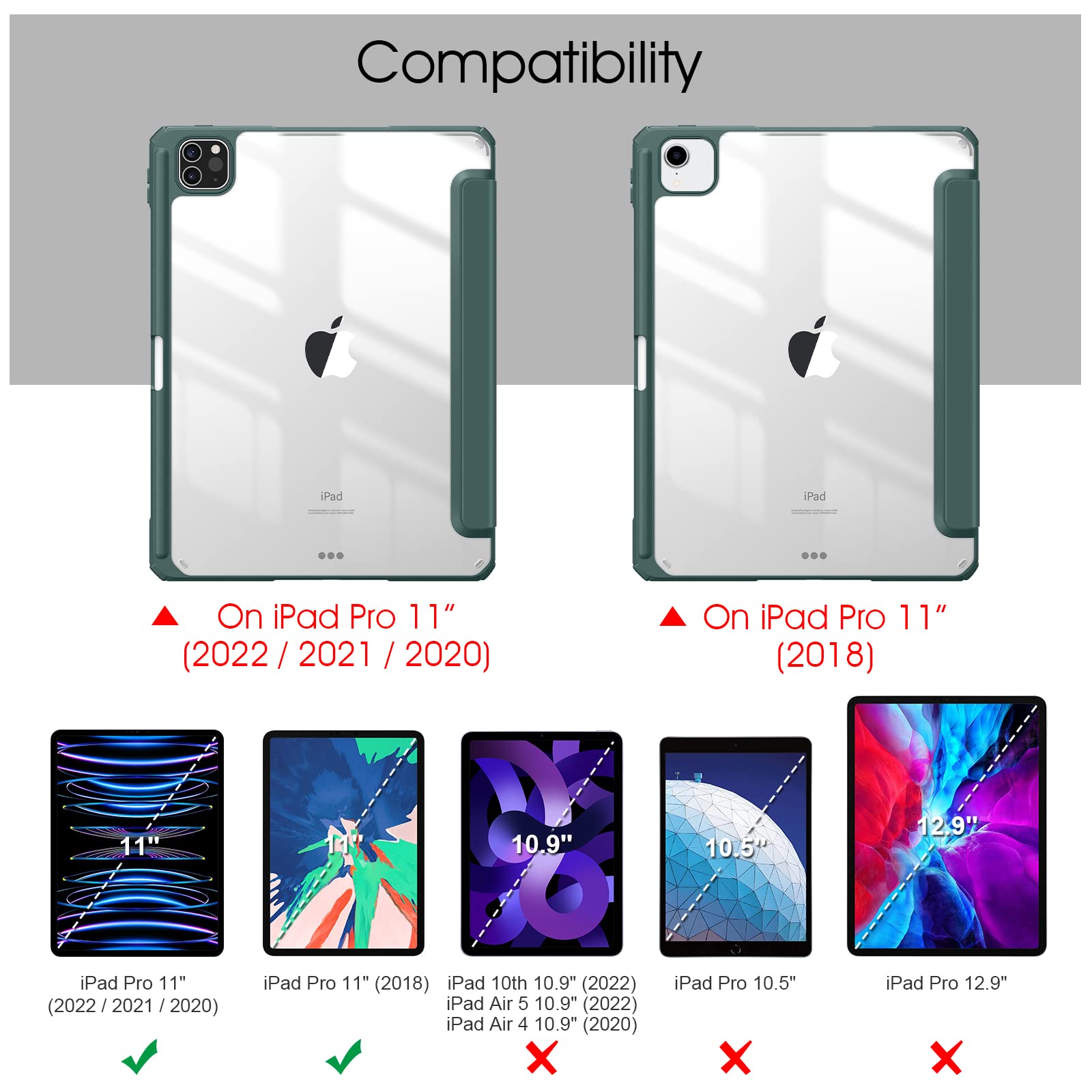 iPad Pro 11 Inch 2020-2022 Soft Tpu Smart Premium Case Auto Sleep Wake Stand Clear Cover Pencil holder Dark V324-IP11-TPUCLE-DGREEN