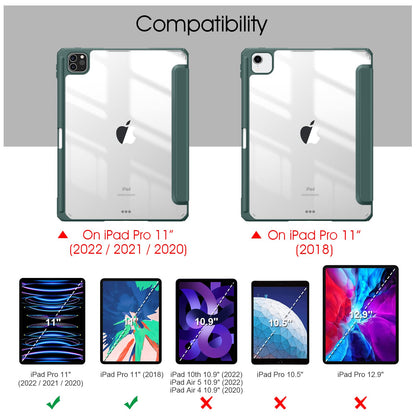 iPad Pro 11 Inch 2020-2022 Soft Tpu Smart Premium Case Auto Sleep Wake Stand Clear Cover Pencil holder Dark V324-IP11-TPUCLE-DGREEN