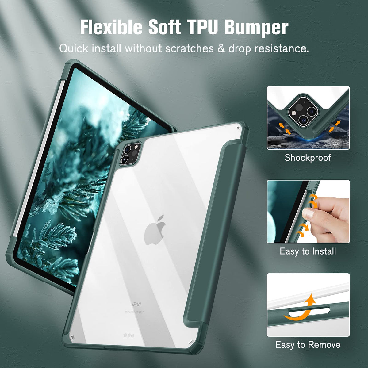 iPad Pro 11 Inch 2020-2022 Soft Tpu Smart Premium Case Auto Sleep Wake Stand Clear Cover Pencil holder Dark V324-IP11-TPUCLE-DGREEN
