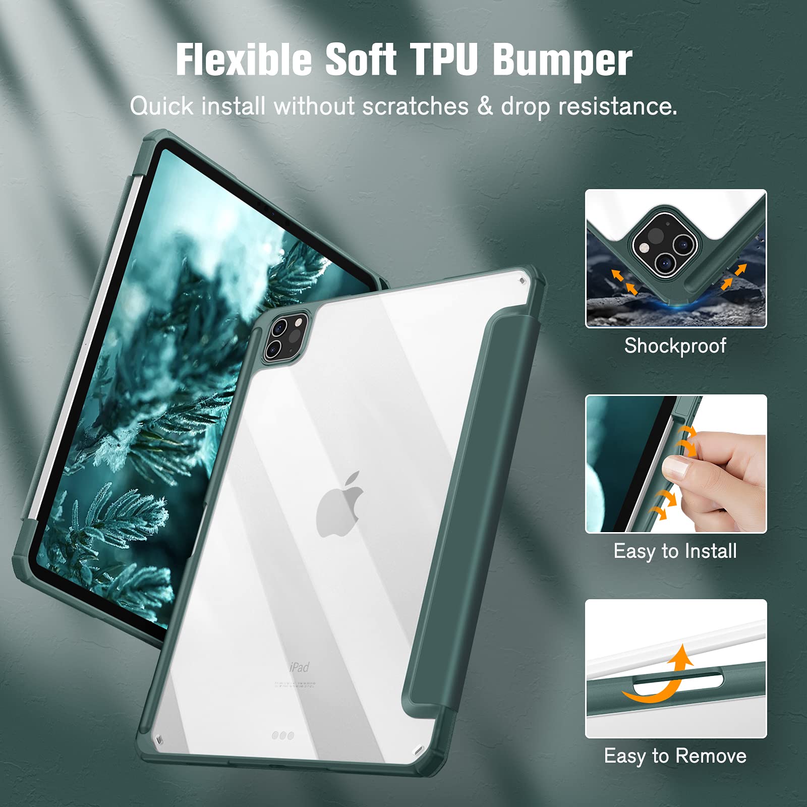 iPad Pro 11 Inch 2020-2022 Soft Tpu Smart Premium Case Auto Sleep Wake Stand Clear Cover Pencil holder Dark V324-IP11-TPUCLE-DGREEN