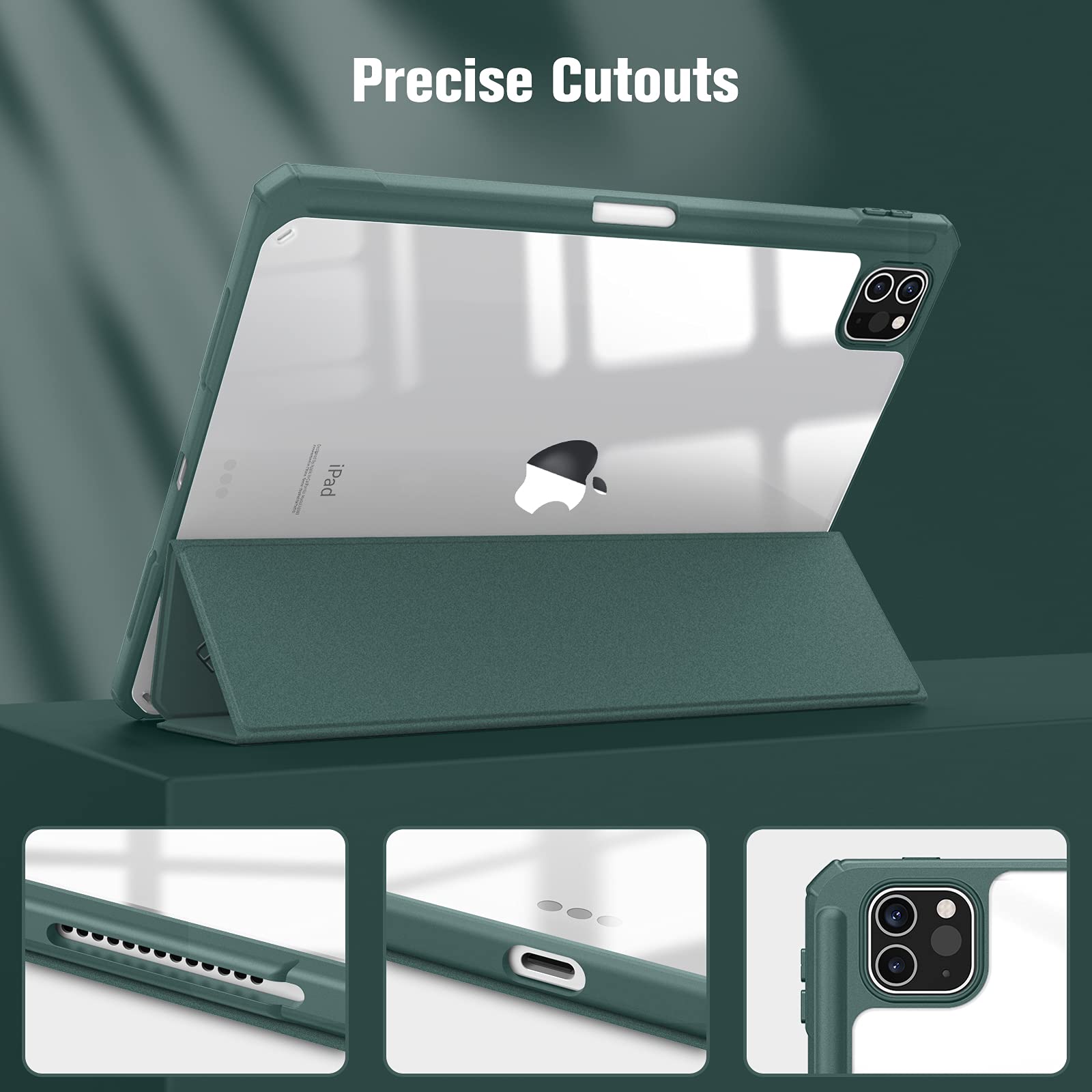 iPad Pro 11 Inch 2020-2022 Soft Tpu Smart Premium Case Auto Sleep Wake Stand Clear Cover Pencil holder Dark V324-IP11-TPUCLE-DGREEN