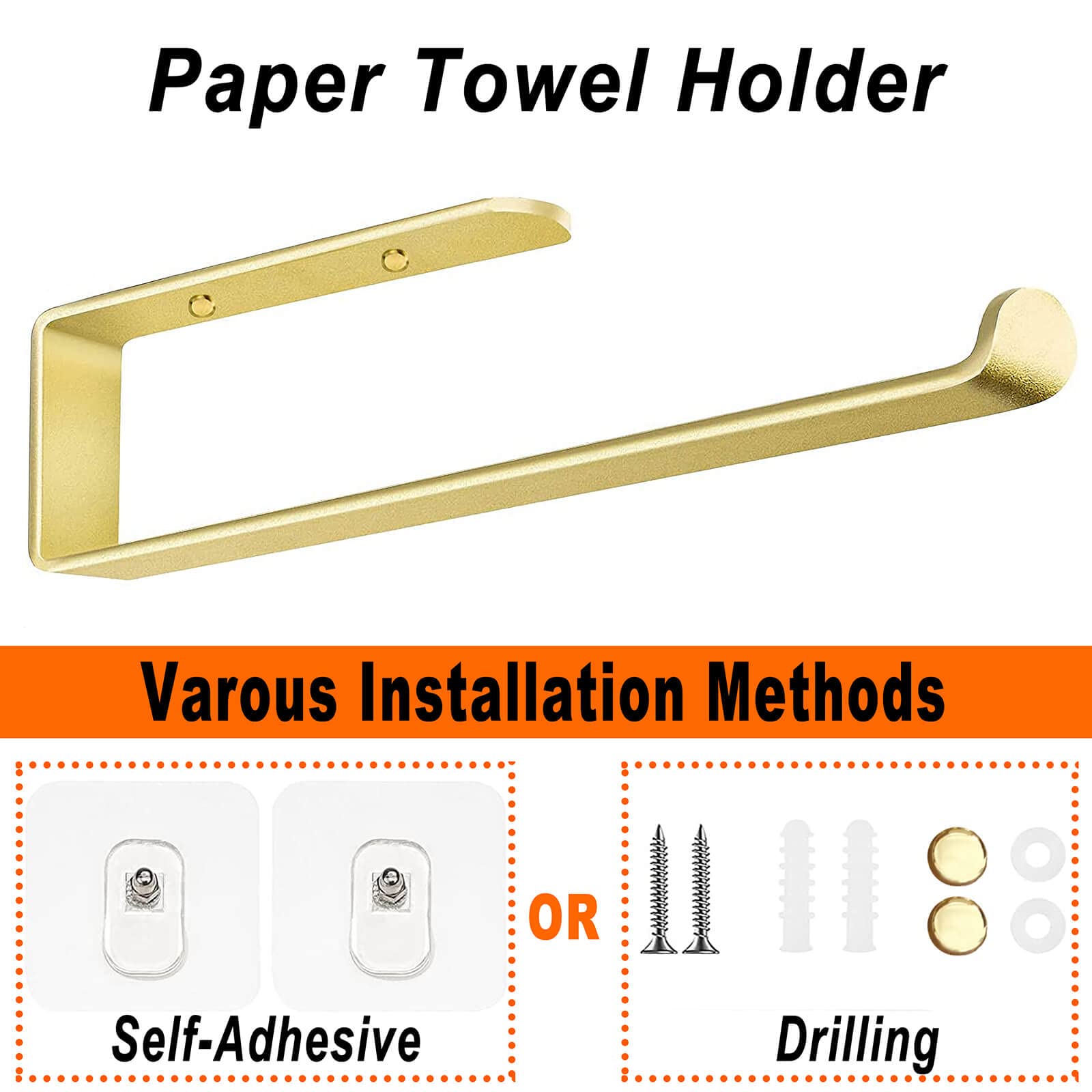 Gold Kitchen Bathroom Paper Holder Towel Holder Self Adhesive or Screw Mount 31cm V324-JWTBATHPAPRACK-31CMGD