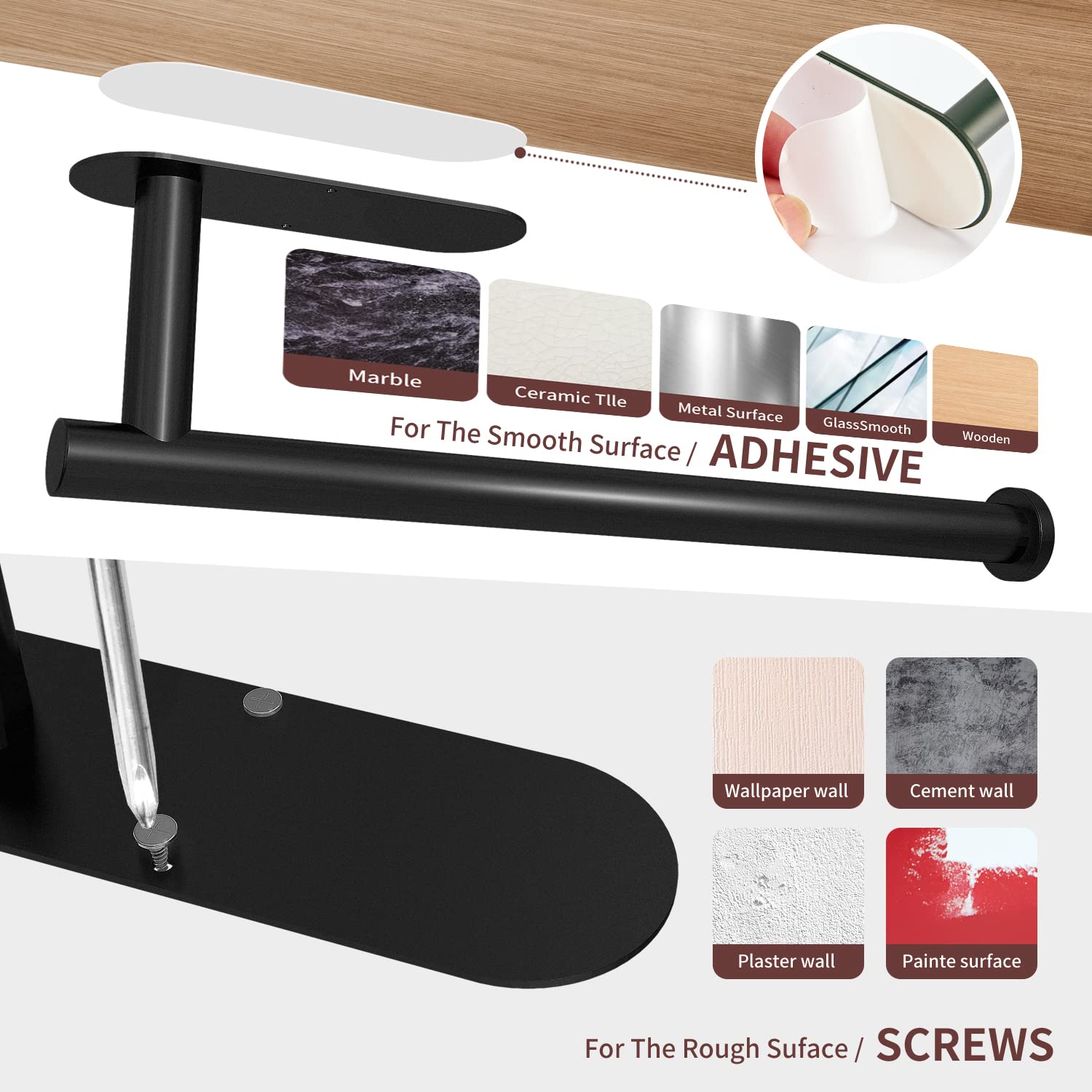 Kitchen Paper Holder Under Cabinet Wall Mount Adhesive Paper Towel Holder Black V324-JWTCPAPERHO-RDBK