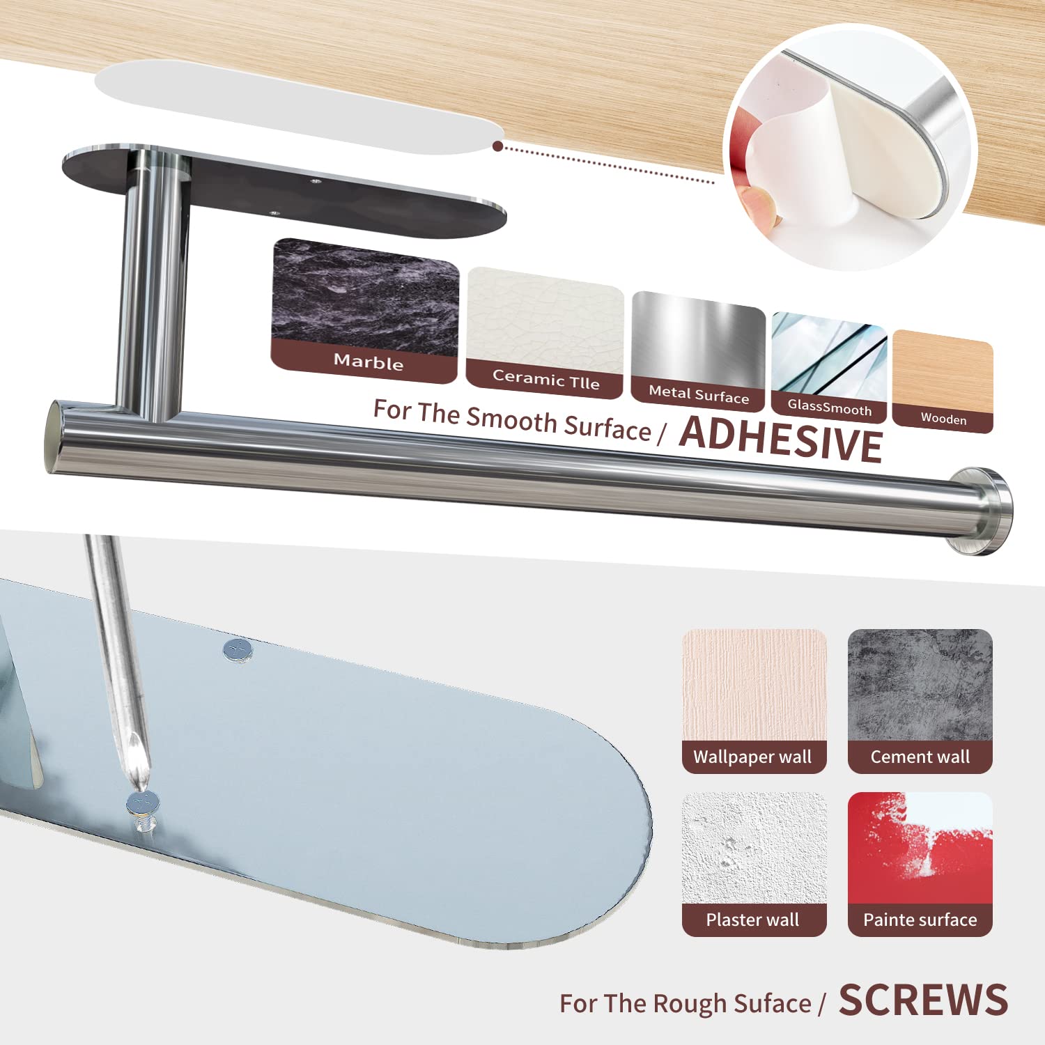Kitchen Paper Holder Under Cabinet Wall Mount Adhesive Paper Towel Holder Silver V324-JWTCPAPERHO-RDBS