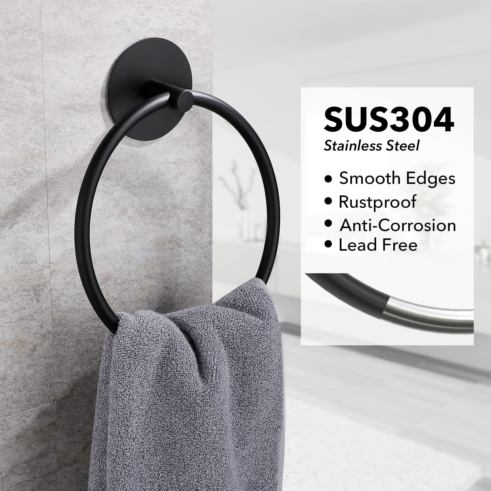 Bathroom Towel Ring Bathroom Towel Rack Adhesive Hand Towels Holder Towel Hanger Round Black V324-JWTCTOWLRACK-RDBK