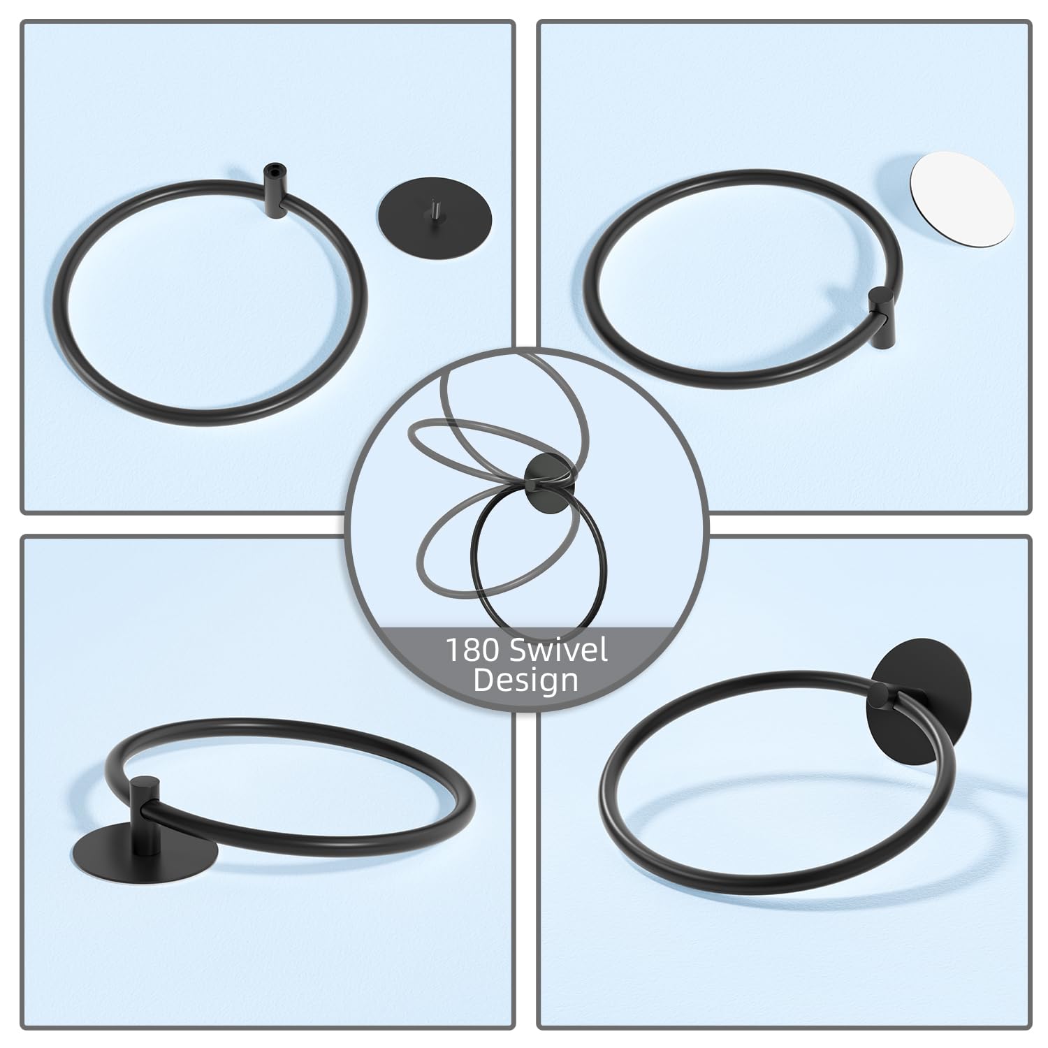 Bathroom Towel Ring Bathroom Towel Rack Adhesive Hand Towels Holder Towel Hanger Round Black V324-JWTCTOWLRACK-RDBK