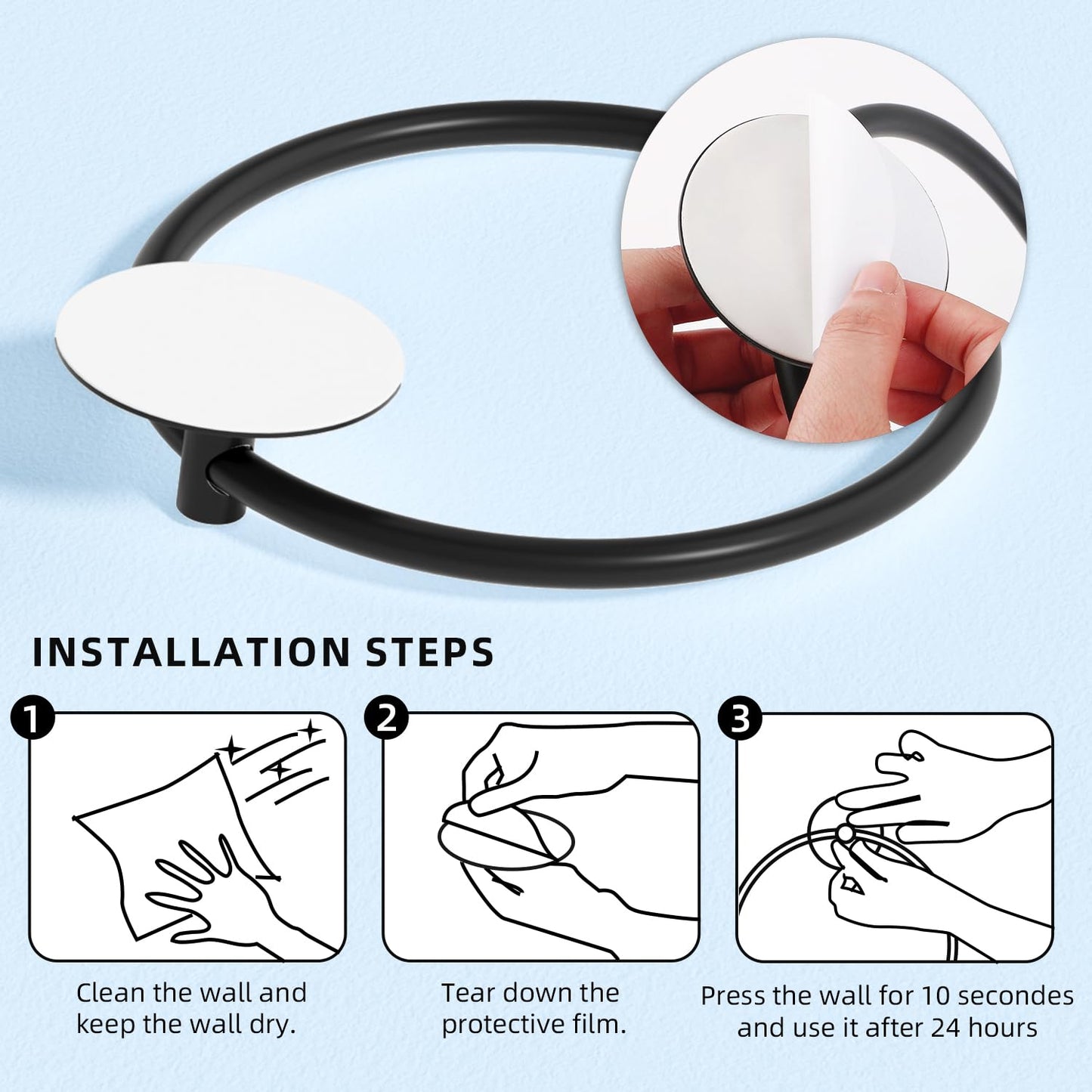 Bathroom Towel Ring Bathroom Towel Rack Adhesive Hand Towels Holder Towel Hanger Round Black V324-JWTCTOWLRACK-RDBK