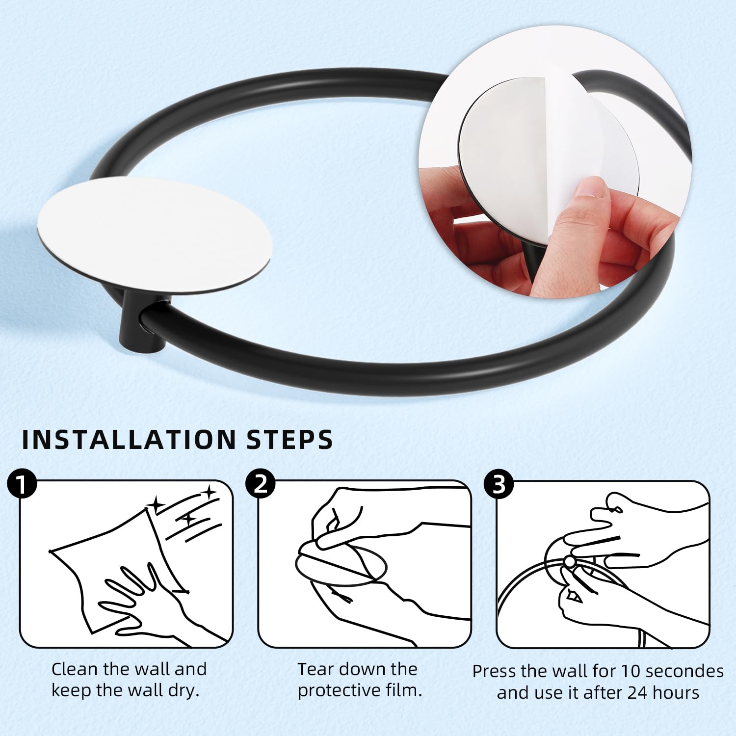 Bathroom Towel Ring Bathroom Towel Rack Adhesive Hand Towels Holder Towel Hanger Round Black V324-JWTCTOWLRACK-RDBK