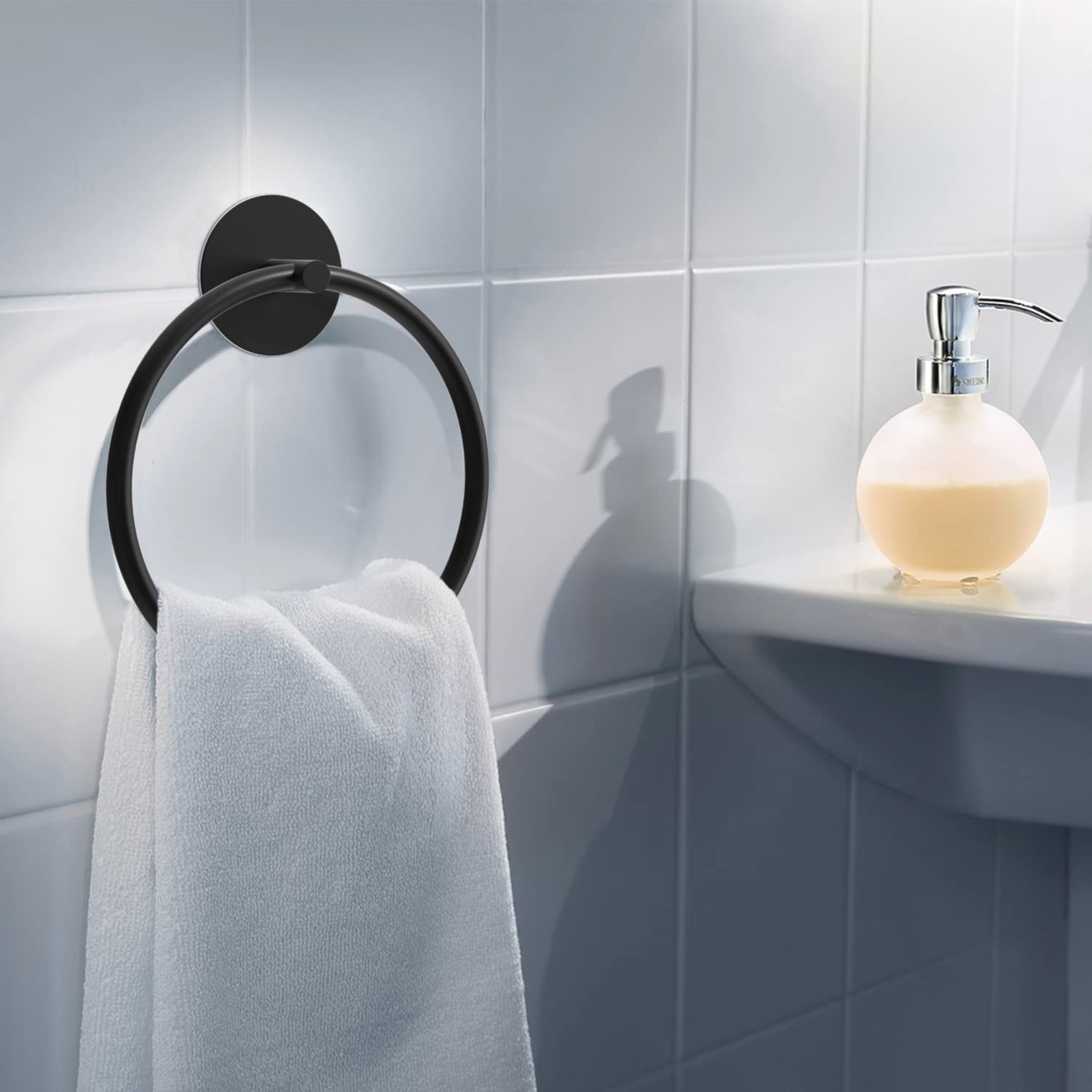 Bathroom Towel Ring Bathroom Towel Rack Adhesive Hand Towels Holder Towel Hanger Round Black V324-JWTCTOWLRACK-RDBK