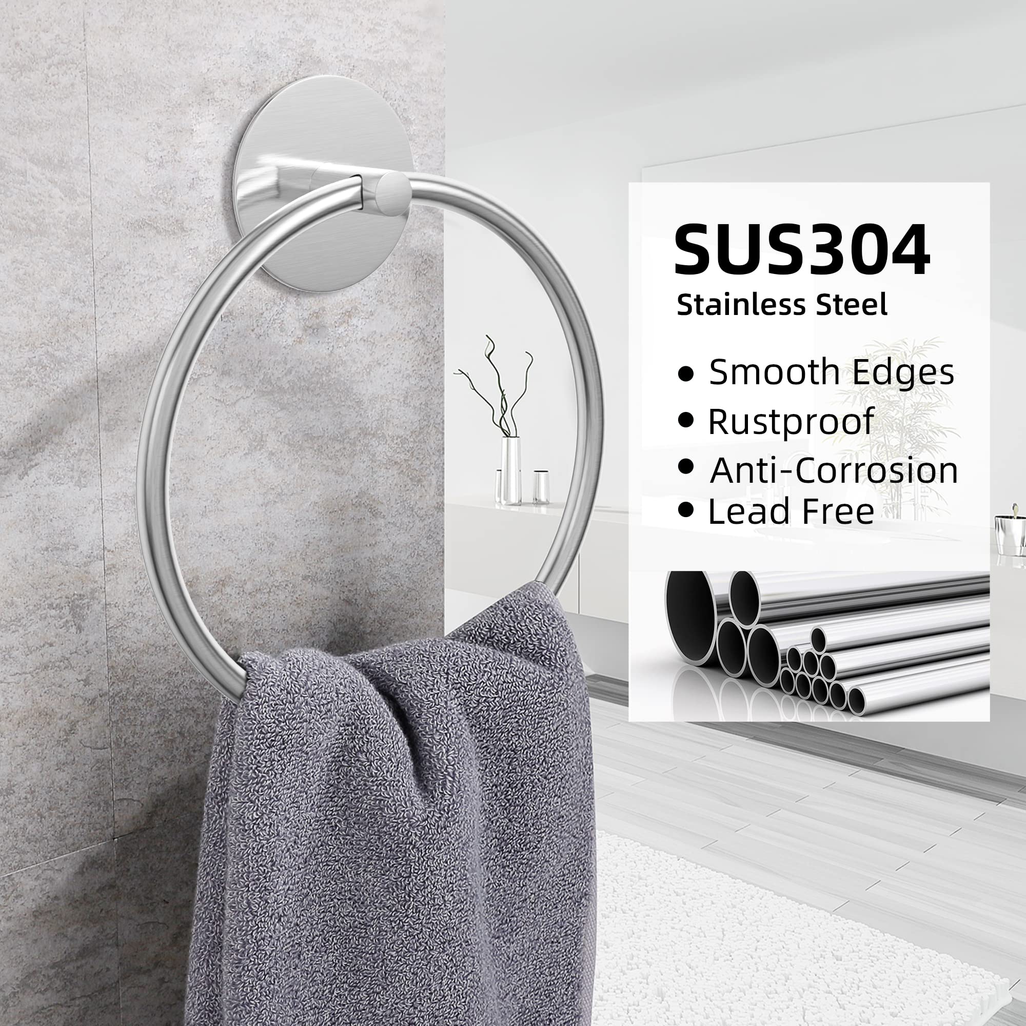 Bathroom Towel Ring Bathroom Towel Rack Adhesive Hand Towels Holder Towel Hanger Round Silver V324-JWTCTOWLRACK-RDSI