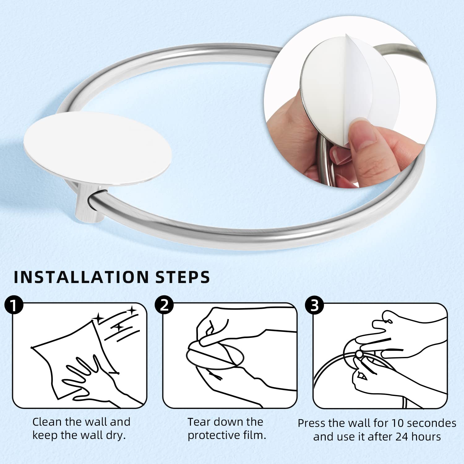 Bathroom Towel Ring Bathroom Towel Rack Adhesive Hand Towels Holder Towel Hanger Round Silver V324-JWTCTOWLRACK-RDSI