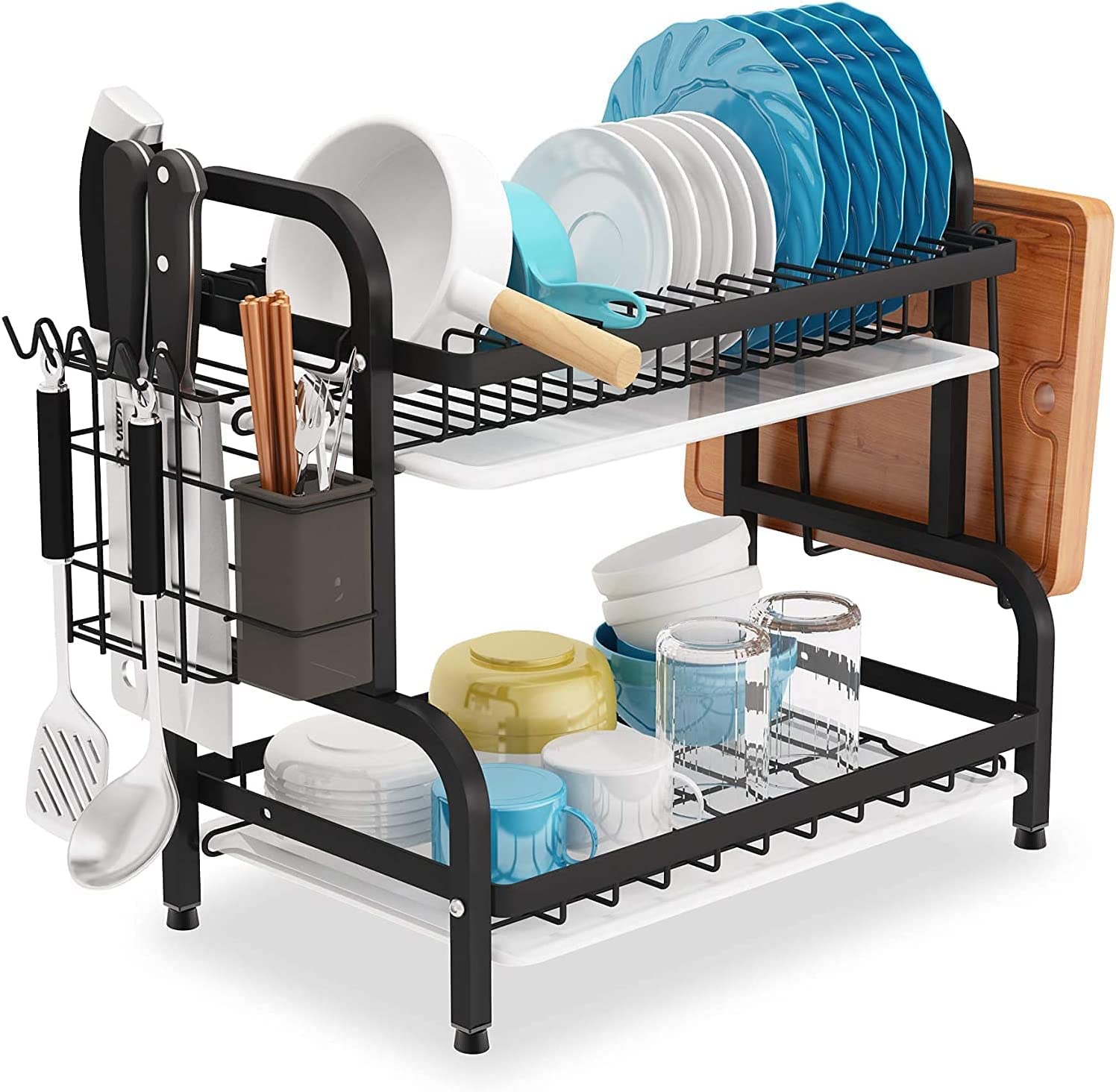 Dish Rack 2 Tier Dish Dryer Drainer Stainless Steel Dish Drying Rack Drip Trays Side Holder Kitchen Storage V324-KITRACK2L-39CM