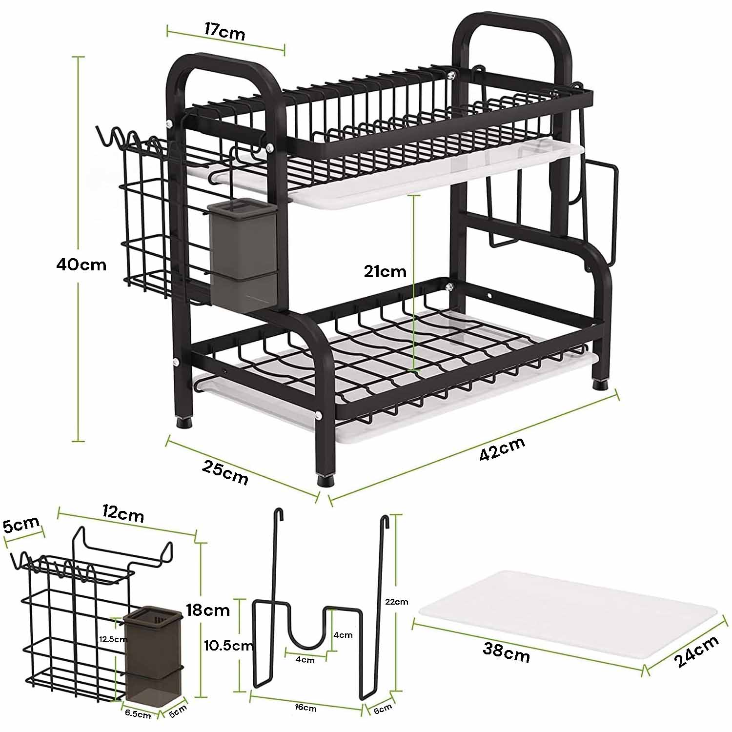 Dish Rack 2 Tier Dish Dryer Drainer Stainless Steel Dish Drying Rack Drip Trays Side Holder Kitchen Storage V324-KITRACK2L-39CM