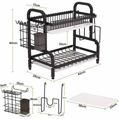 Dish Rack 2 Tier Dish Dryer Drainer Stainless Steel Dish Drying Rack Drip Trays Side Holder Kitchen Storage V324-KITRACK2L-39CM