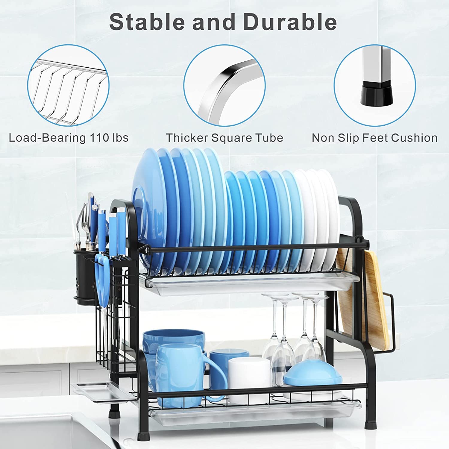 Dish Rack 2 Tier Dish Dryer Drainer Stainless Steel Dish Drying Rack Drip Trays Side Holder Kitchen Storage V324-KITRACK2L-39CM