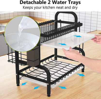 Dish Rack 2 Tier Dish Dryer Drainer Stainless Steel Dish Drying Rack Drip Trays Side Holder Kitchen Storage V324-KITRACK2L-39CM