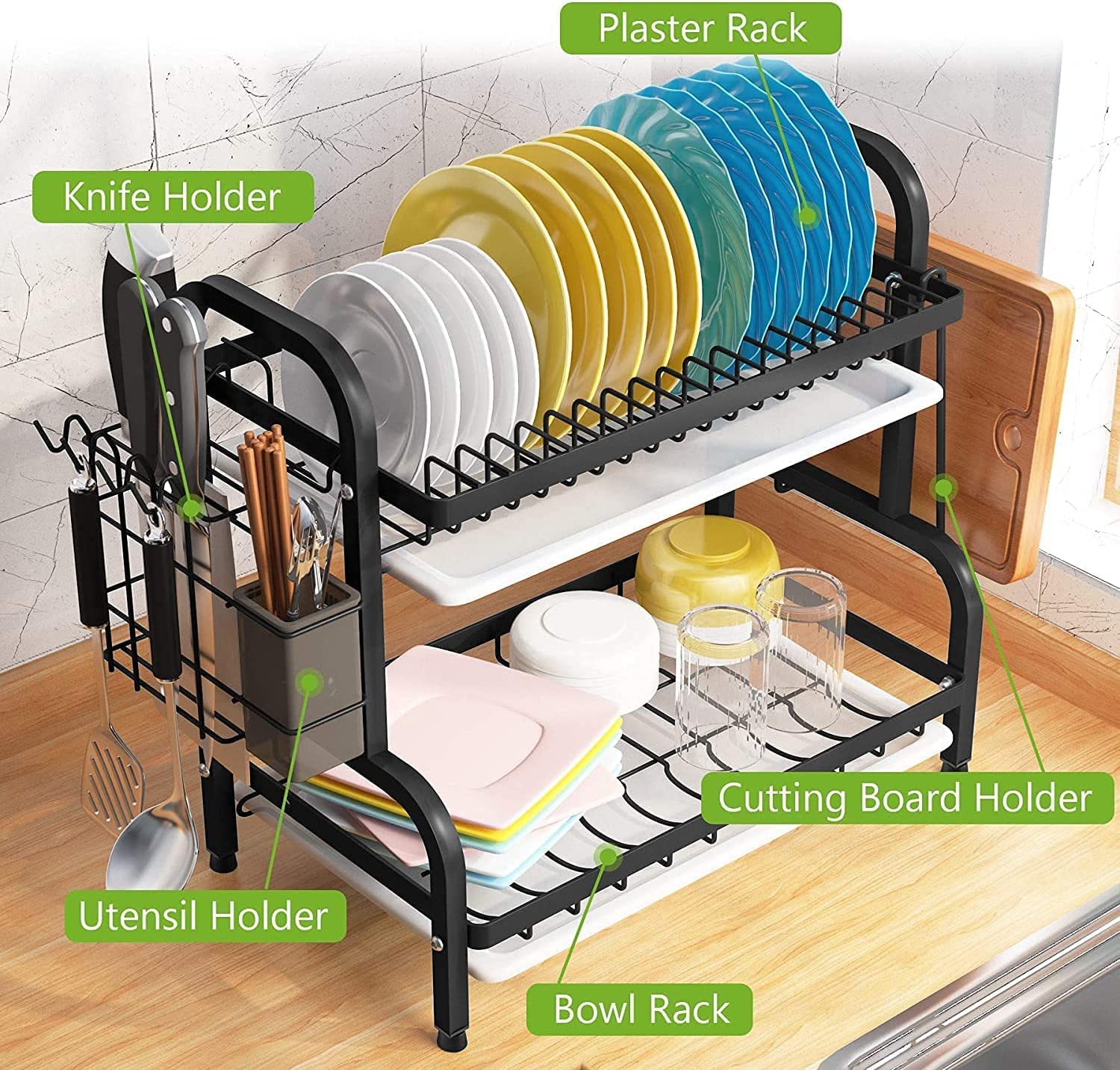 Dish Rack 2 Tier Dish Dryer Drainer Stainless Steel Dish Drying Rack Drip Trays Side Holder Kitchen Storage V324-KITRACK2L-39CM