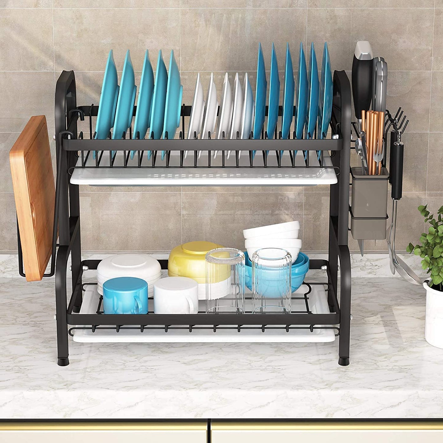 Dish Rack 2 Tier Dish Dryer Drainer Stainless Steel Dish Drying Rack Drip Trays Side Holder Kitchen Storage V324-KITRACK2L-39CM