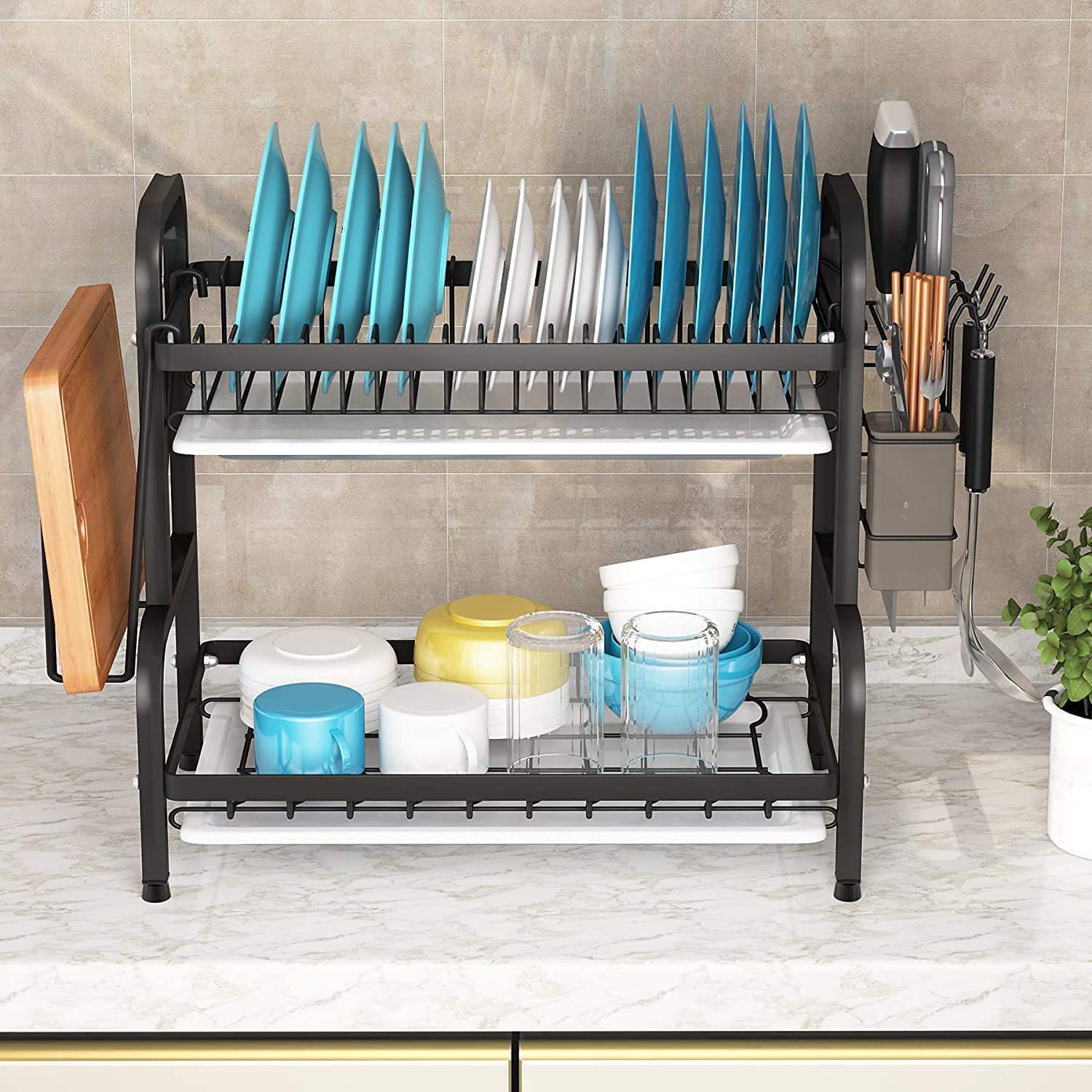 Dish Rack 2 Tier Dish Dryer Drainer Stainless Steel Dish Drying Rack Drip Trays Side Holder Kitchen Storage V324-KITRACK2L-39CM