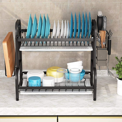 Dish Rack 2 Tier Dish Dryer Drainer Stainless Steel Dish Drying Rack Drip Trays Side Holder Kitchen Storage V324-KITRACK2L-39CM