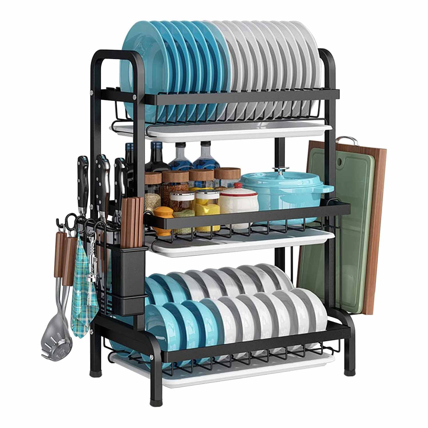 Dish Rack 3 Tier Dish Dryer Drainer Stainless Steel Dish Drying Rack Drip Trays Side Holder Kitchen Storage V324-KITRACK3L-61CM