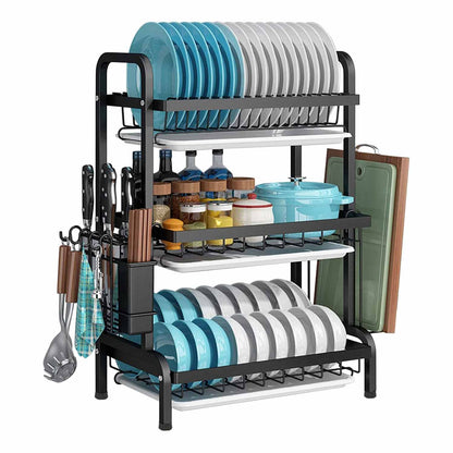 Dish Rack 3 Tier Dish Dryer Drainer Stainless Steel Dish Drying Rack Drip Trays Side Holder Kitchen Storage V324-KITRACK3L-61CM