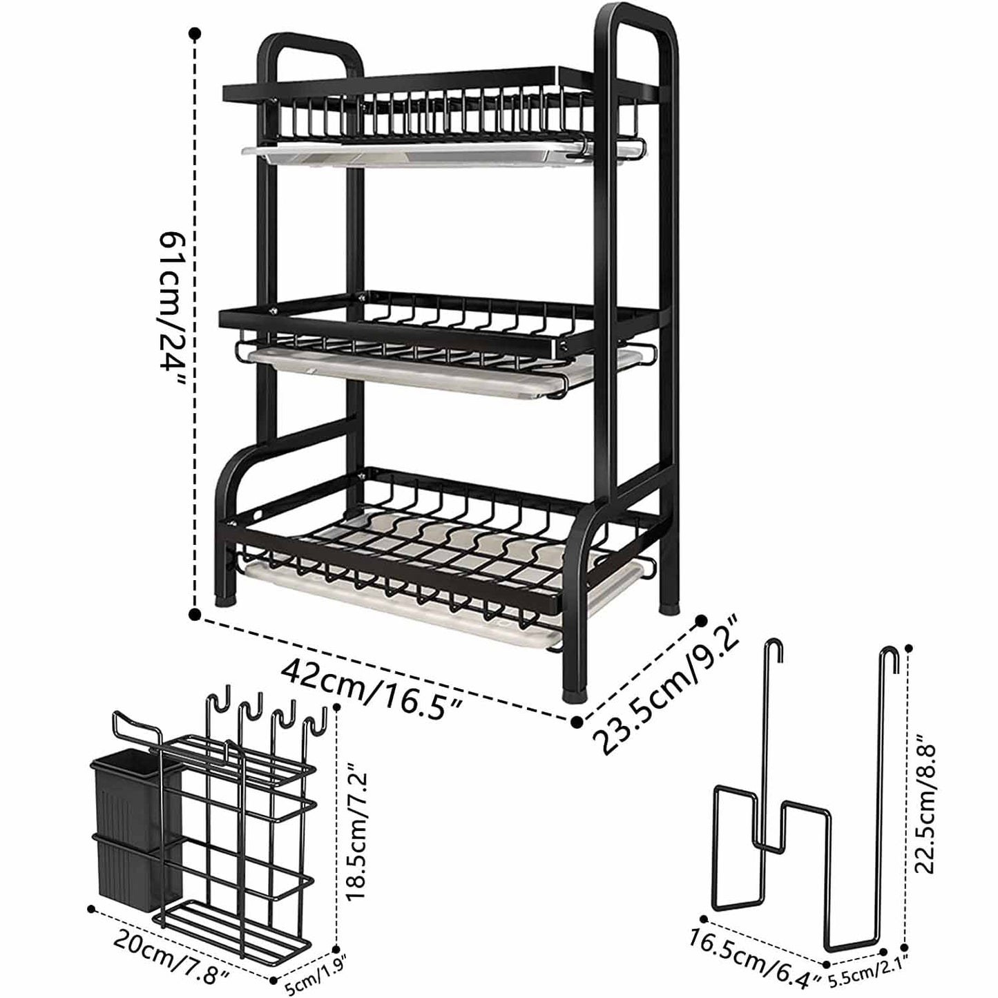 Dish Rack 3 Tier Dish Dryer Drainer Stainless Steel Dish Drying Rack Drip Trays Side Holder Kitchen Storage V324-KITRACK3L-61CM