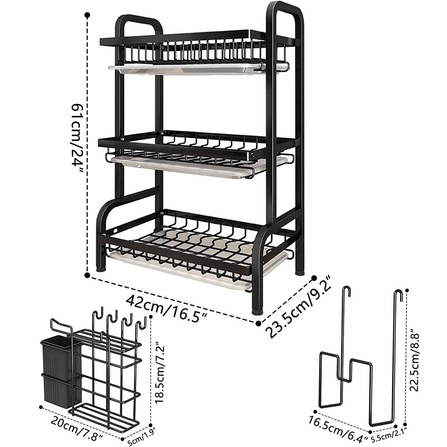 Dish Rack 3 Tier Dish Dryer Drainer Stainless Steel Dish Drying Rack Drip Trays Side Holder Kitchen Storage V324-KITRACK3L-61CM