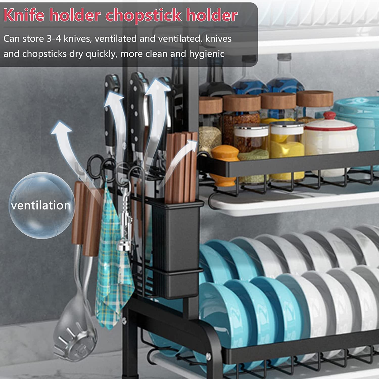 Dish Rack 3 Tier Dish Dryer Drainer Stainless Steel Dish Drying Rack Drip Trays Side Holder Kitchen Storage V324-KITRACK3L-61CM