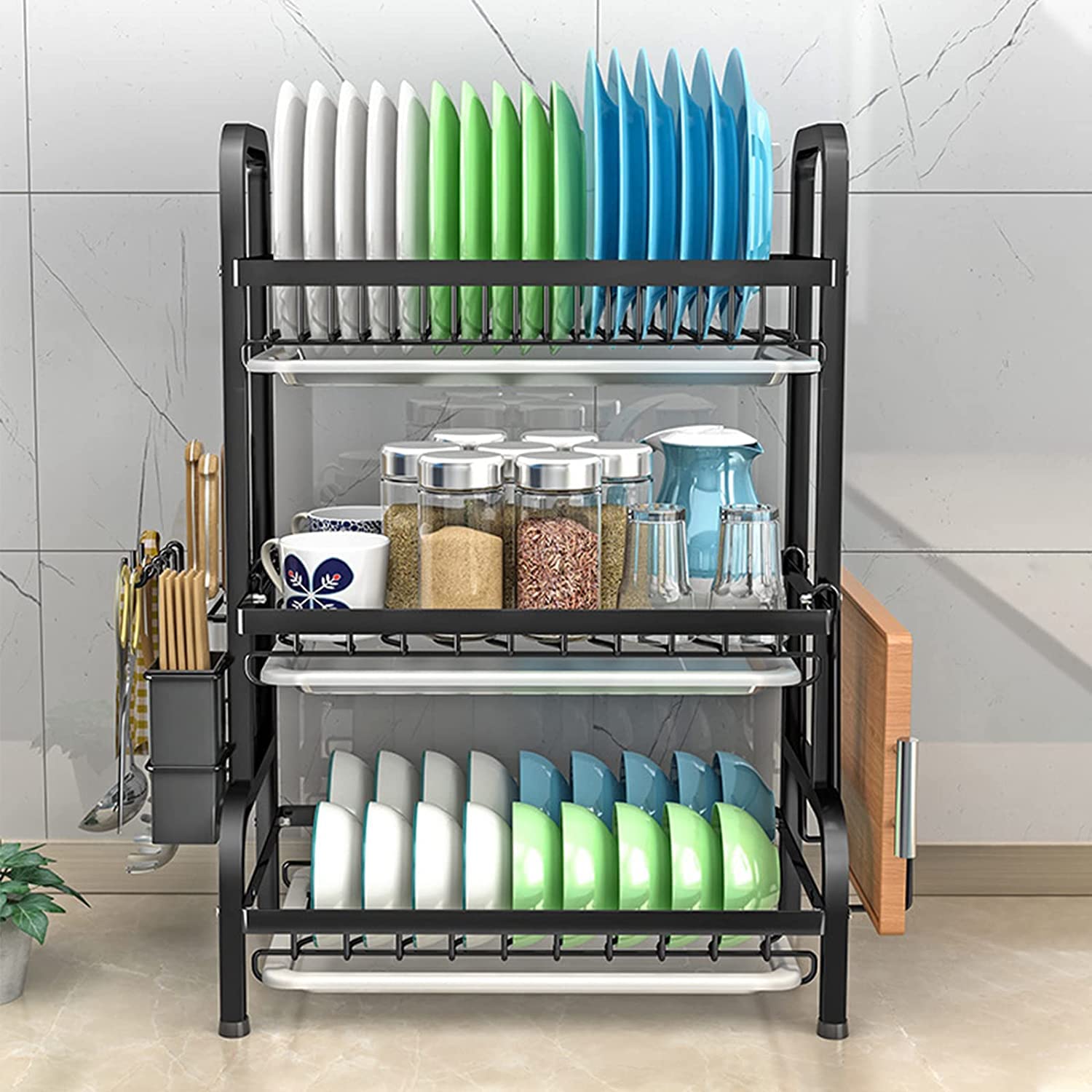 Dish Rack 3 Tier Dish Dryer Drainer Stainless Steel Dish Drying Rack Drip Trays Side Holder Kitchen Storage V324-KITRACK3L-61CM