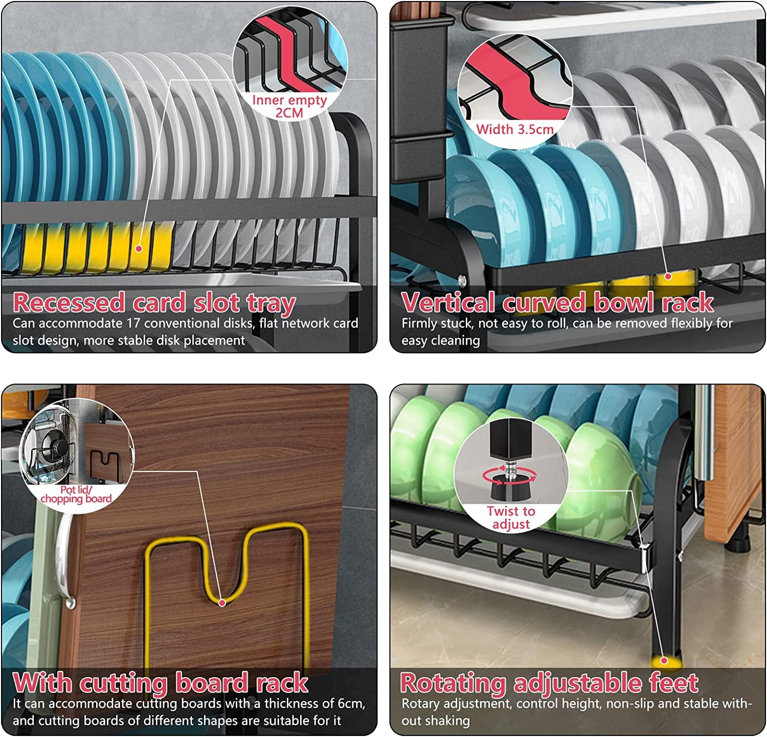 Dish Rack 3 Tier Dish Dryer Drainer Stainless Steel Dish Drying Rack Drip Trays Side Holder Kitchen Storage V324-KITRACK3L-61CM