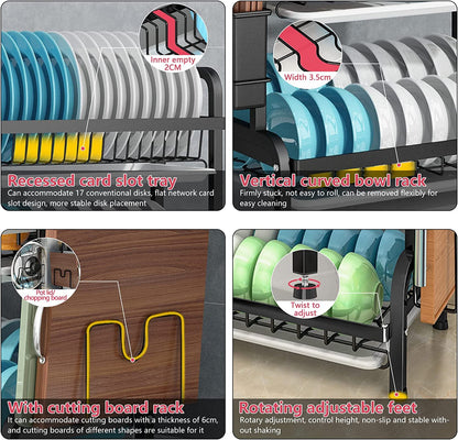 Dish Rack 3 Tier Dish Dryer Drainer Stainless Steel Dish Drying Rack Drip Trays Side Holder Kitchen Storage V324-KITRACK3L-61CM