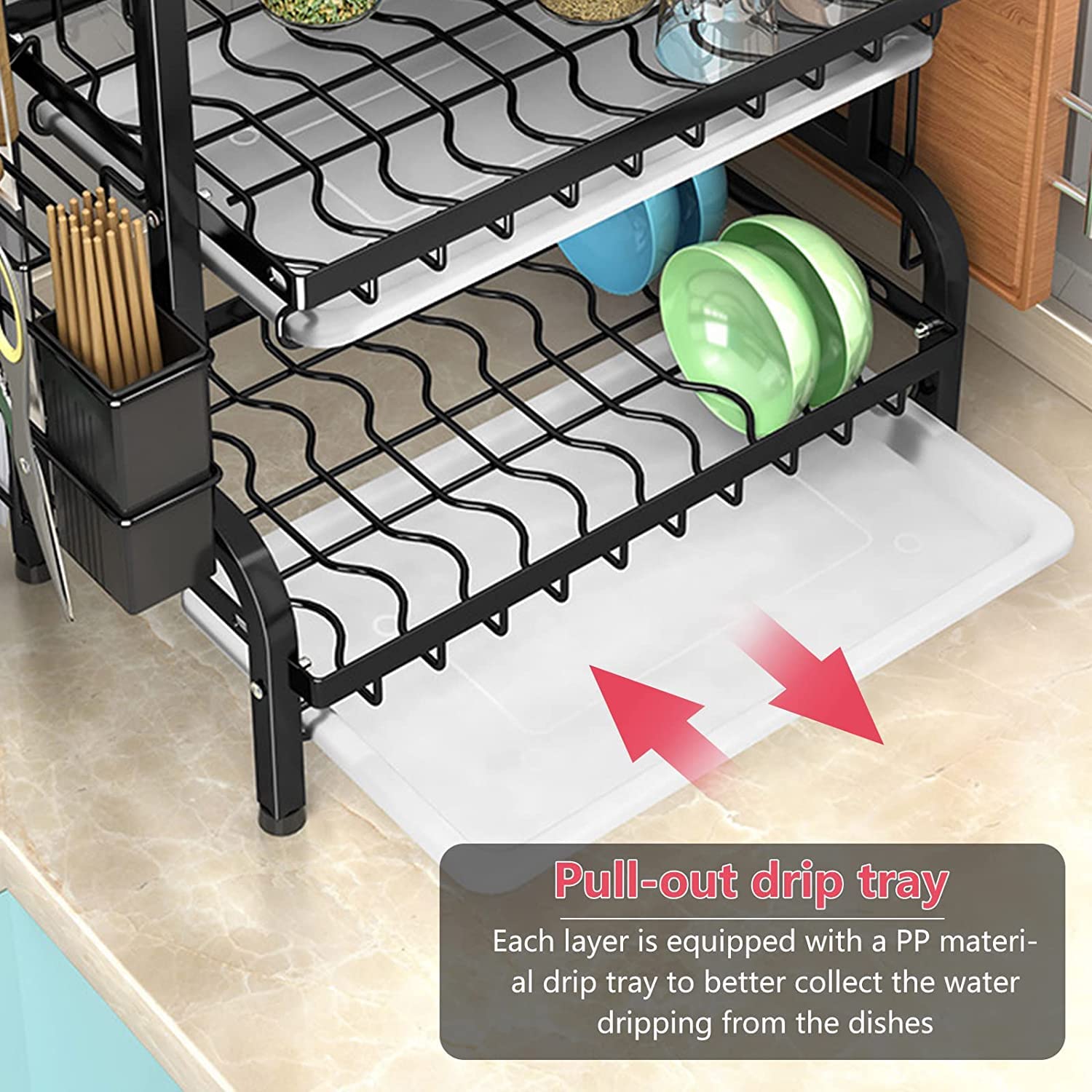 Dish Rack 3 Tier Dish Dryer Drainer Stainless Steel Dish Drying Rack Drip Trays Side Holder Kitchen Storage V324-KITRACK3L-61CM