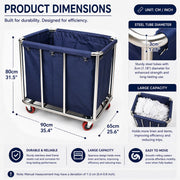 Commercial Laundry Trolley 90x65x80cm Large Capacity Linen Cart with 2 Swivel & 2 Fixed Wheels Navy V324-LT-906580-NV