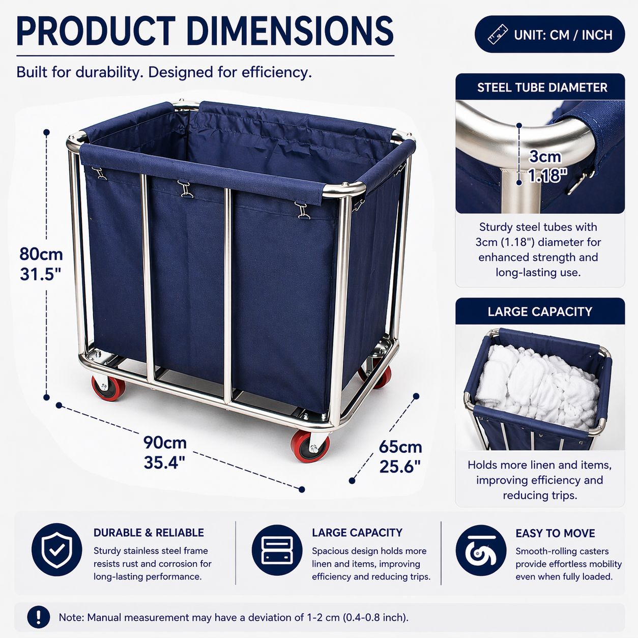 Commercial Laundry Trolley 90x65x80cm Large Capacity Linen Cart with 2 Swivel & 2 Fixed Wheels Navy V324-LT-906580-NV