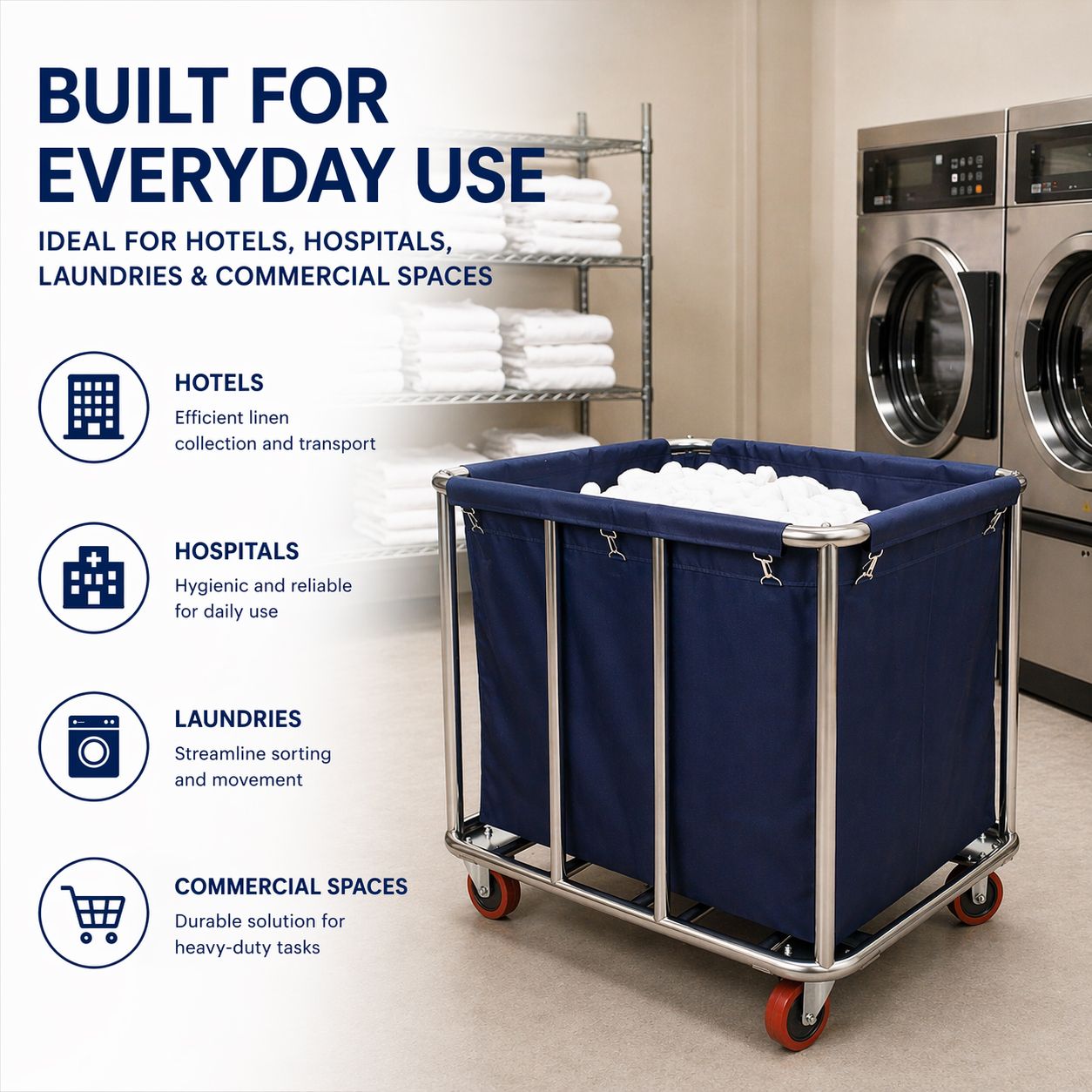 Commercial Laundry Trolley 90x65x80cm Large Capacity Linen Cart with 2 Swivel & 2 Fixed Wheels Navy V324-LT-906580-NV