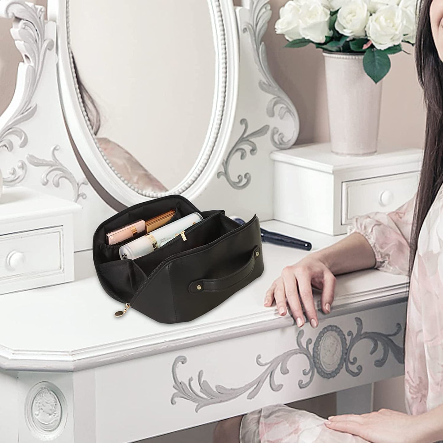 Large Travel Cosmetic Bag Portable Make up Makeup Bag Waterproof PU Leather Storage Black V324-MKBAG-BK