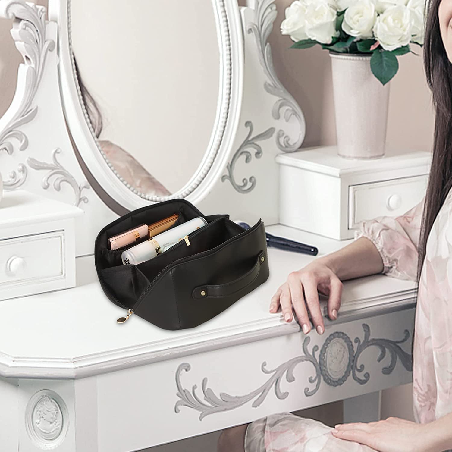 Large Travel Cosmetic Bag Portable Make up Makeup Bag Waterproof PU Leather Storage Black V324-MKBAG-BK