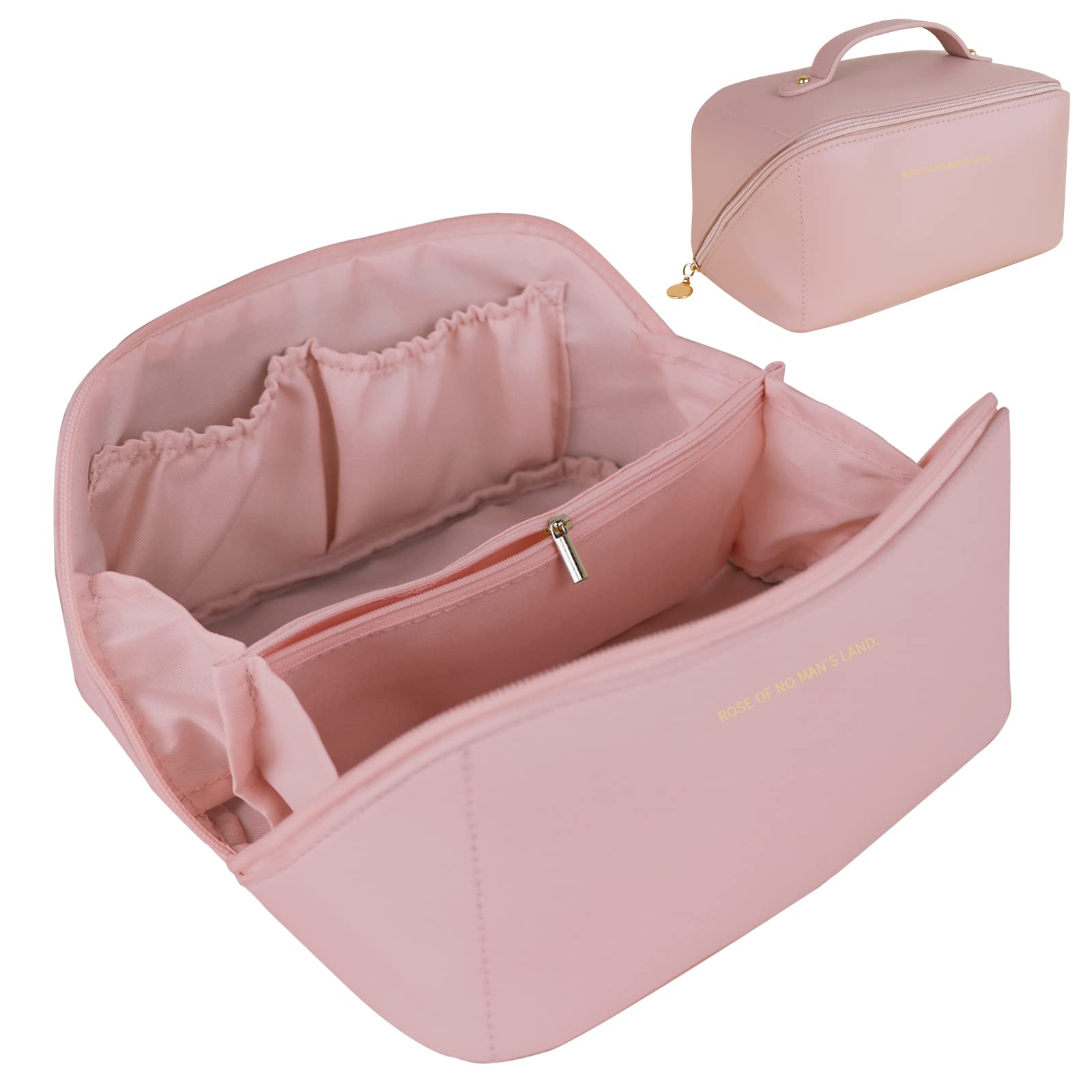Large Travel Cosmetic Bag Portable Make up Makeup Bag Waterproof PU Leather Storage Pink V324-MKBAG-PK