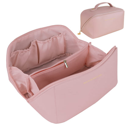 Large Travel Cosmetic Bag Portable Make up Makeup Bag Waterproof PU Leather Storage Pink V324-MKBAG-PK