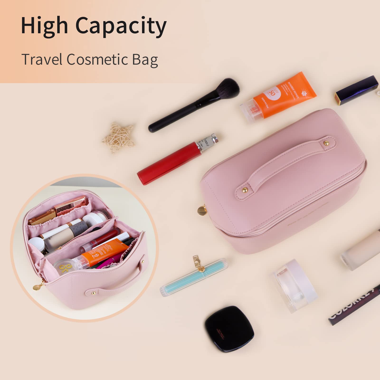 Large Travel Cosmetic Bag Portable Make up Makeup Bag Waterproof PU Leather Storage Pink V324-MKBAG-PK