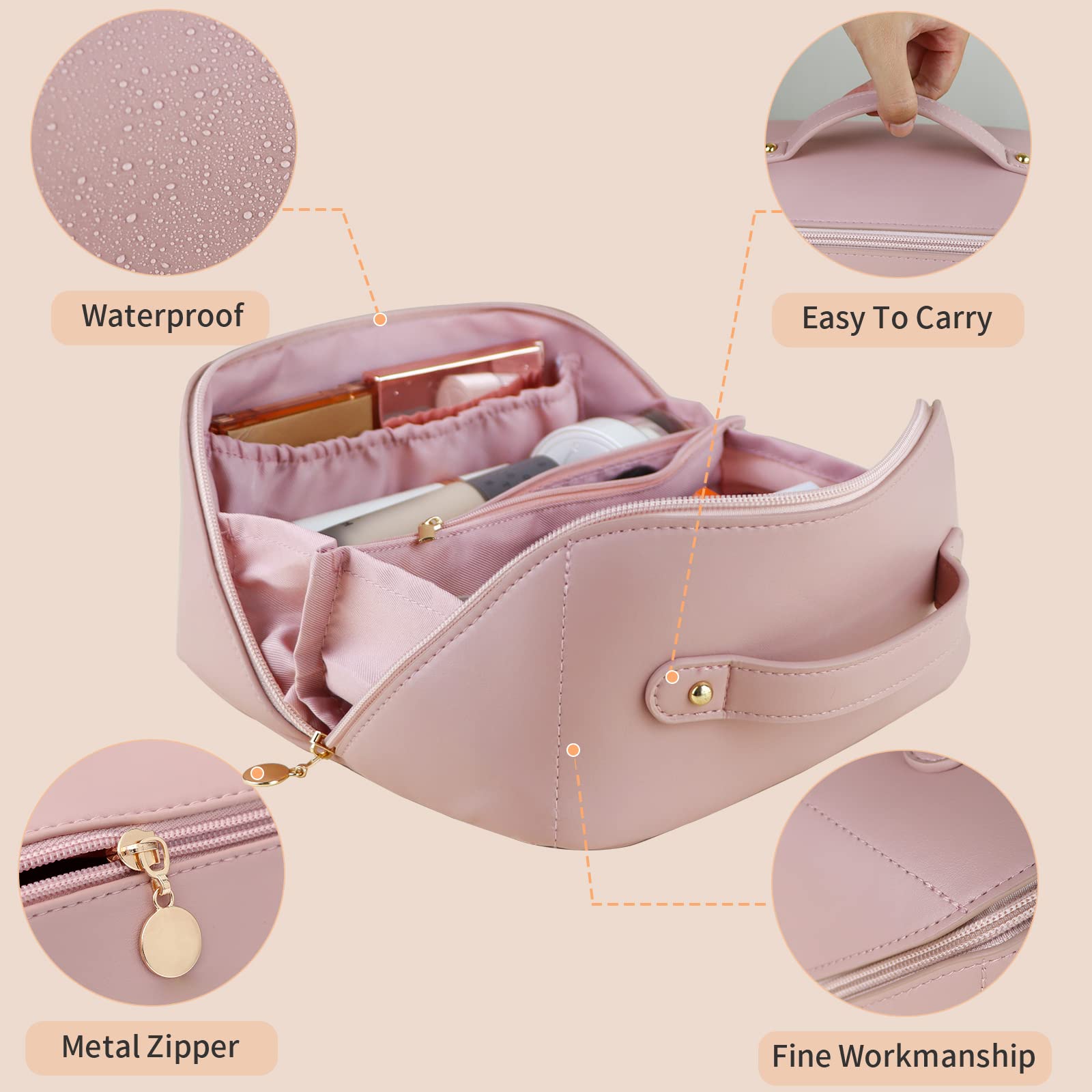Large Travel Cosmetic Bag Portable Make up Makeup Bag Waterproof PU Leather Storage Pink V324-MKBAG-PK