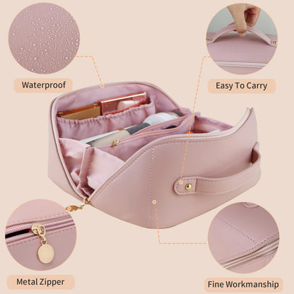Large Travel Cosmetic Bag Portable Make up Makeup Bag Waterproof PU Leather Storage Pink V324-MKBAG-PK