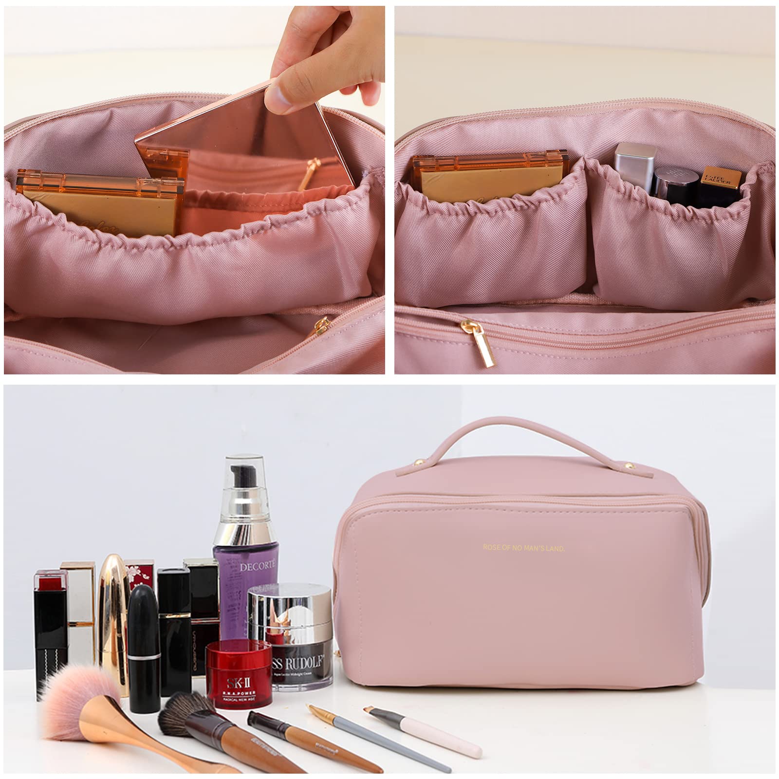 Large Travel Cosmetic Bag Portable Make up Makeup Bag Waterproof PU Leather Storage Pink V324-MKBAG-PK