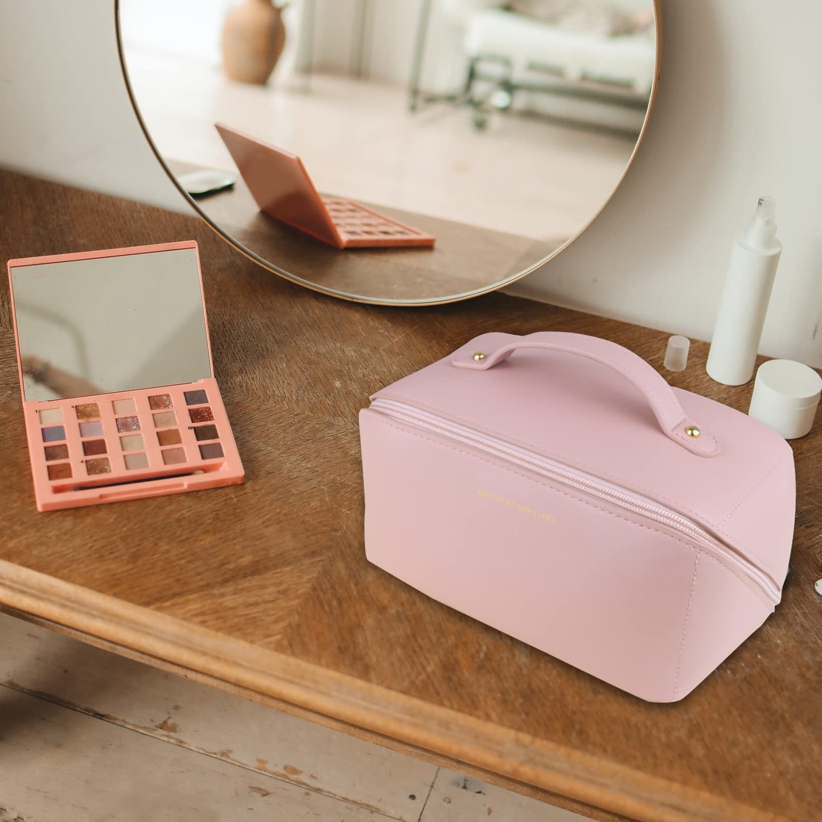 Large Travel Cosmetic Bag Portable Make up Makeup Bag Waterproof PU Leather Storage Pink V324-MKBAG-PK