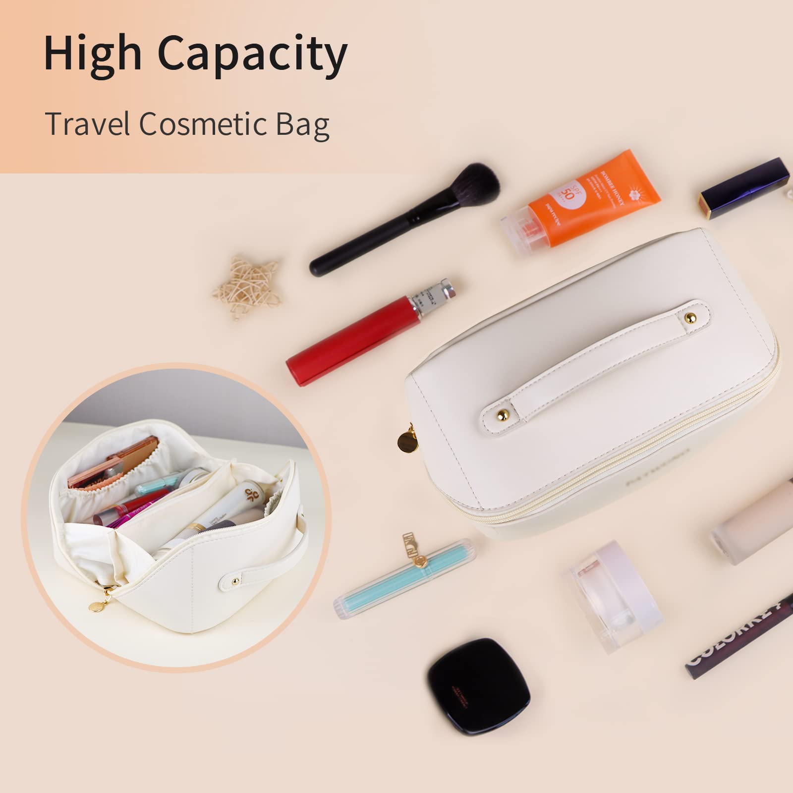 Large Travel Cosmetic Bag Portable Make up Makeup Bag Waterproof PU Leather Storage White V324-MKBAG-WH